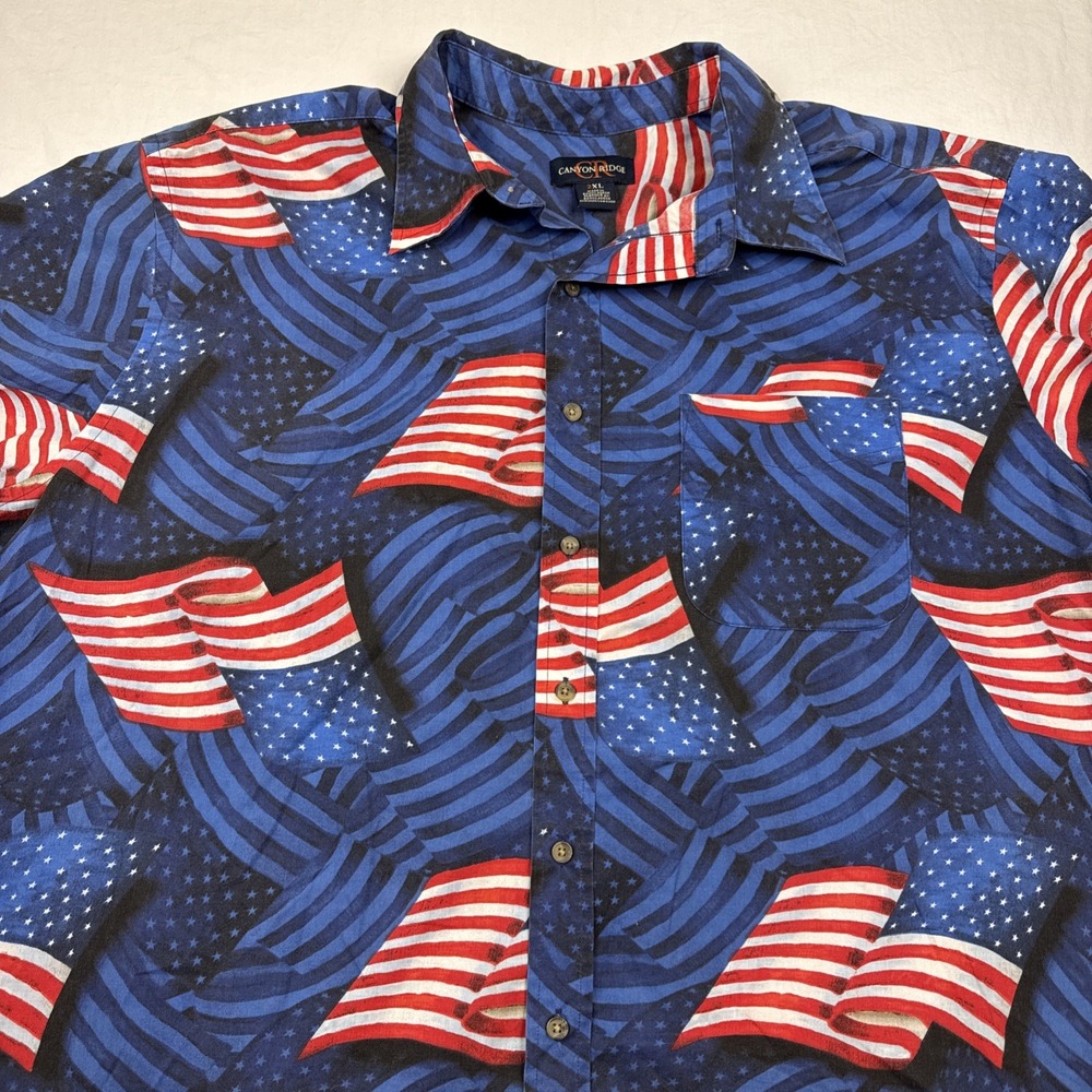 Vintage 90s Canyon Ridge Men's USA FLAG Western BUTTON  Shirt Size 2XL Colorful